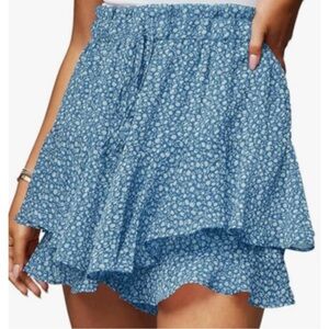 Egockal Blue Floral High Waist Ruffle Hem Elastic Layered Tiered Skort L